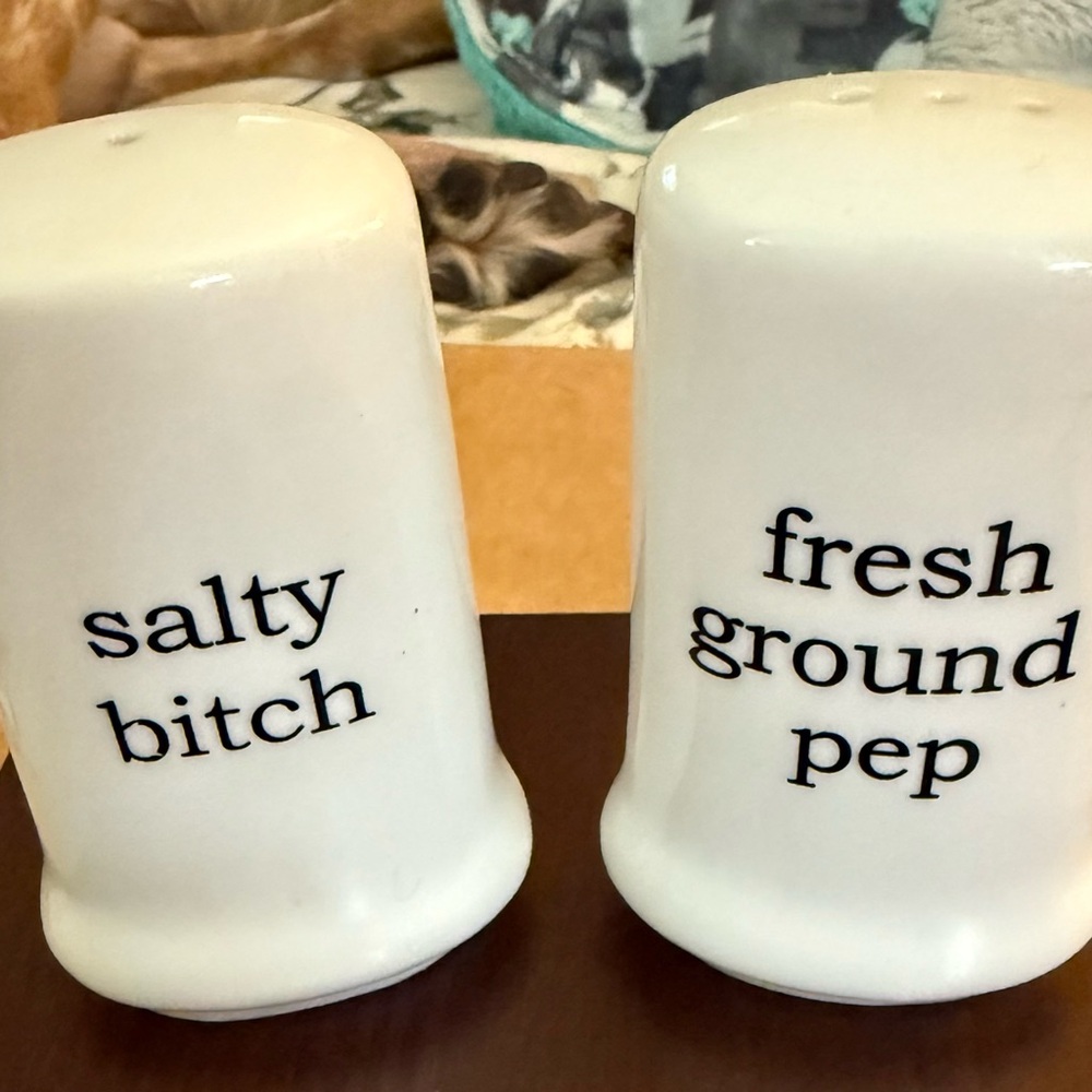 White Salt and Pepper Shakers with Text